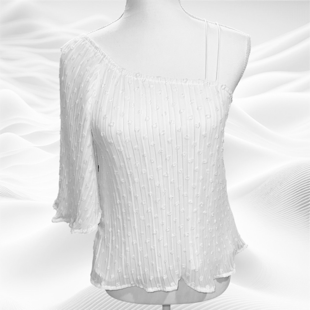 Coach Soft White‎ One sleeve blouse Tufts Size 0 Semi sheer